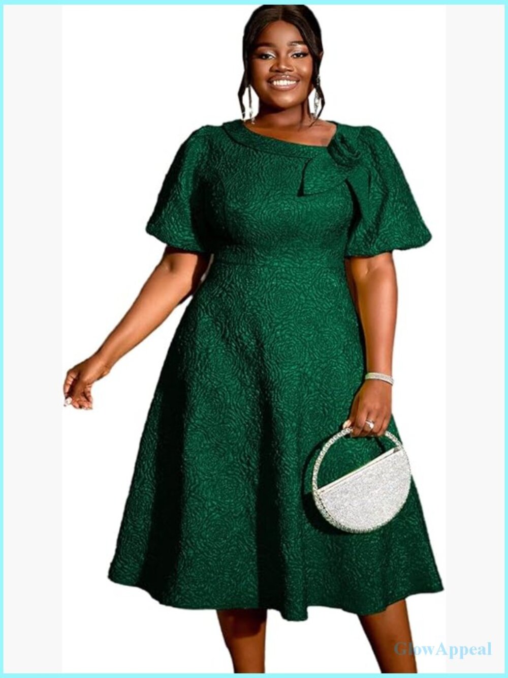 Irregular Neck Puff Sleeve A-Line Jacquard Midi Dress - Picture 1 of 5